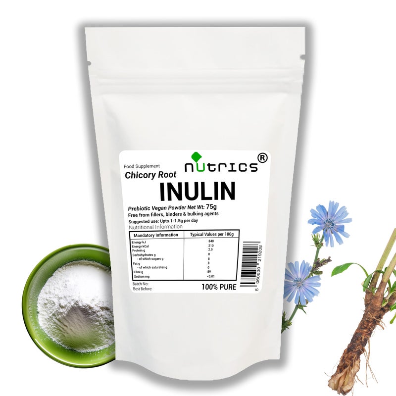 NutricsÂ® Inulin 75g Prebiotic Powder- Chicory Root Natural Dietary Fibre - Suitable for Vegan Vegetarian Diet 100% Pure - No Additives (75g Inulin Powder)
